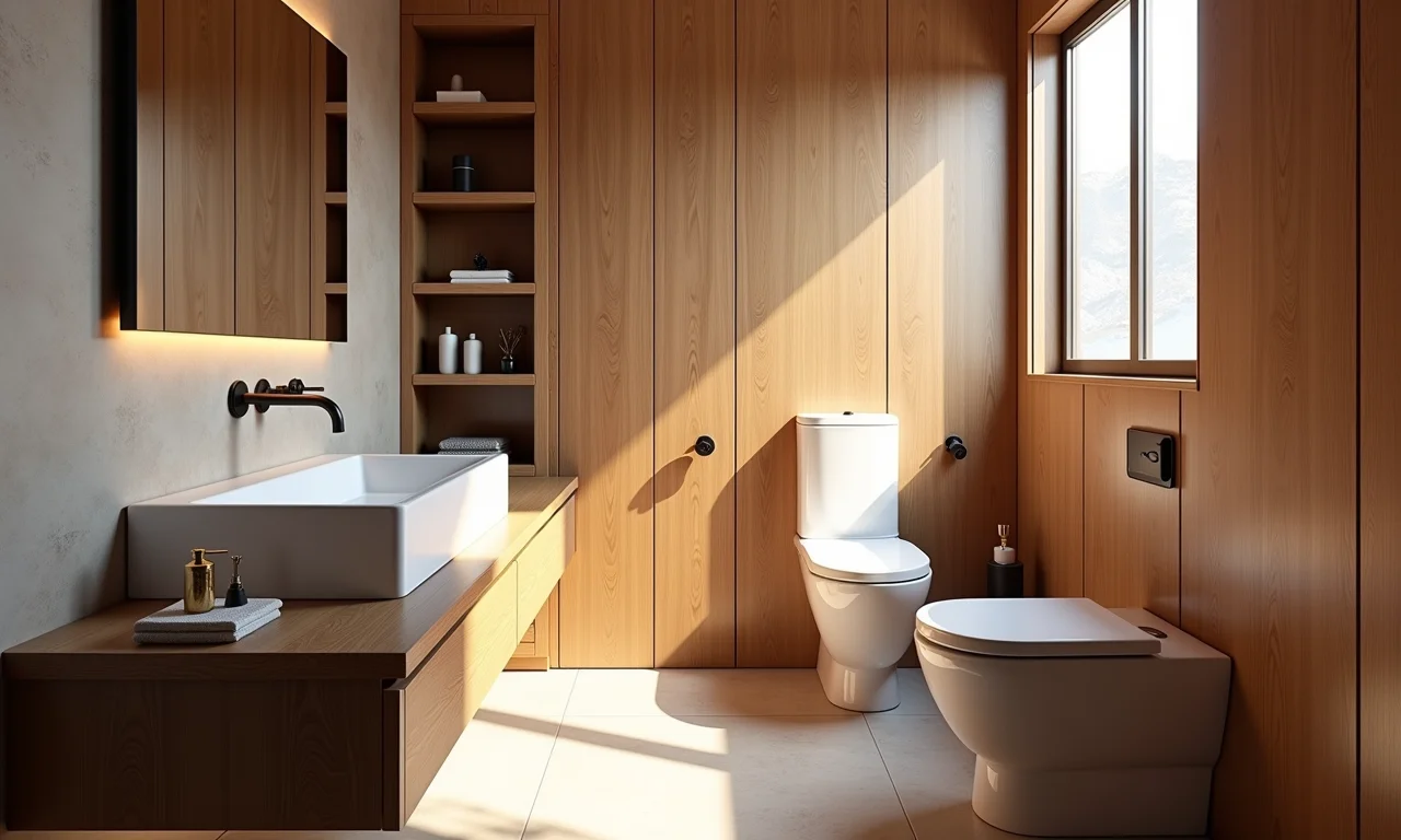 Revestimento de madeira em paredes de banheiro pequeno.