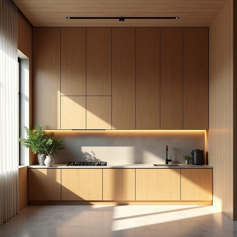 Revestimento de madeira na parede da cozinha, adicionando textura.