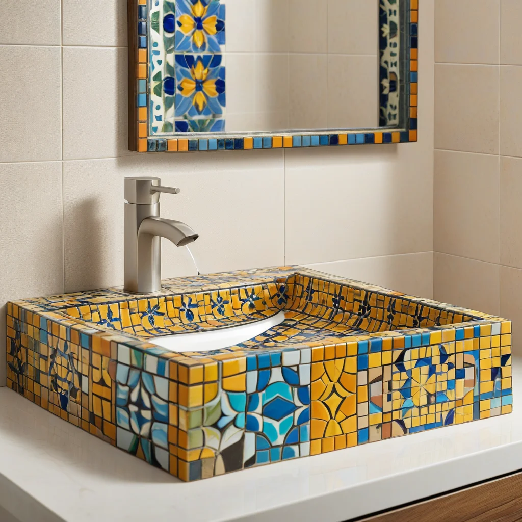 Revestimento diferenciado com azulejos coloridos em um lavabo moderno.