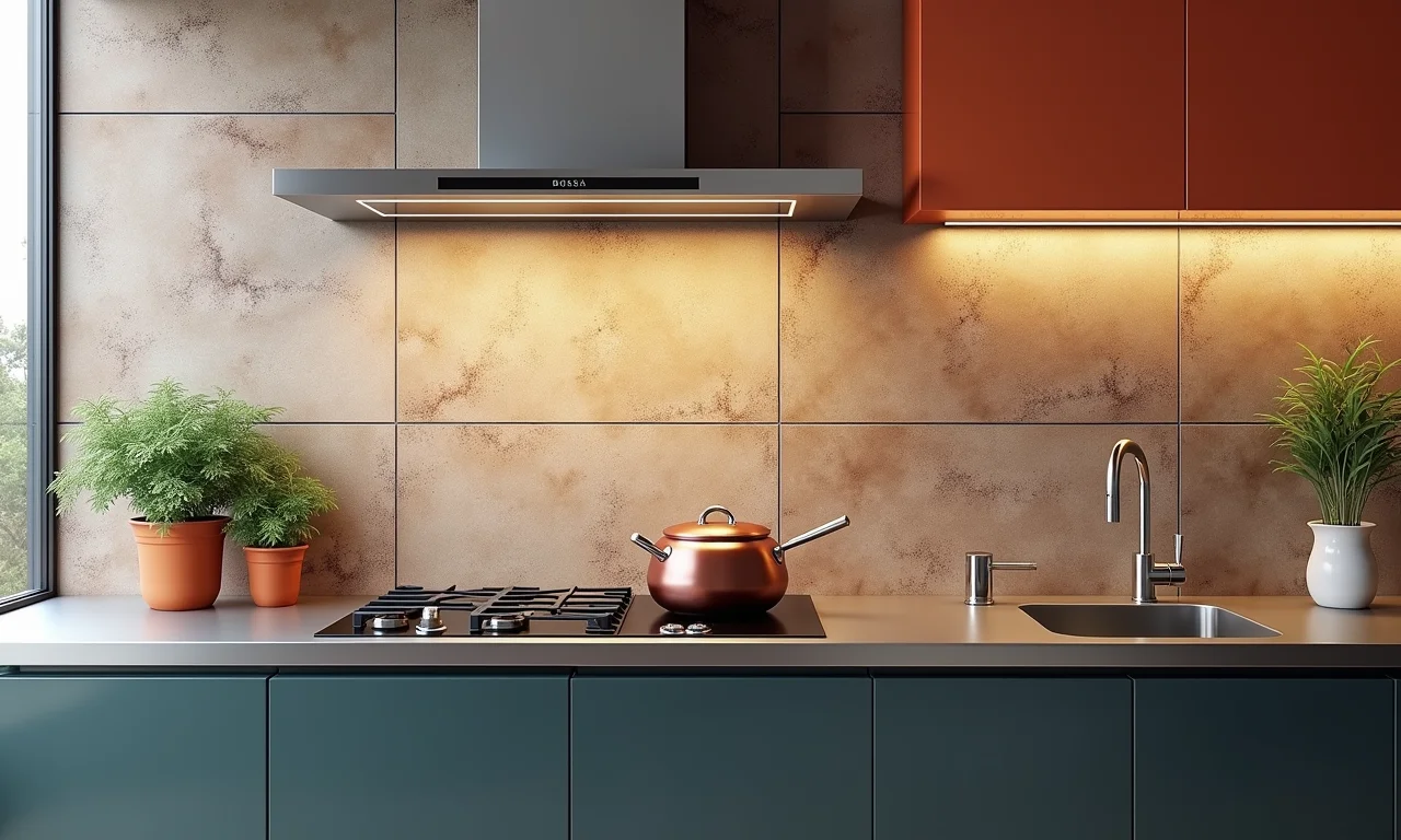 Revestimentos modernos em cozinha com bancada de inox.