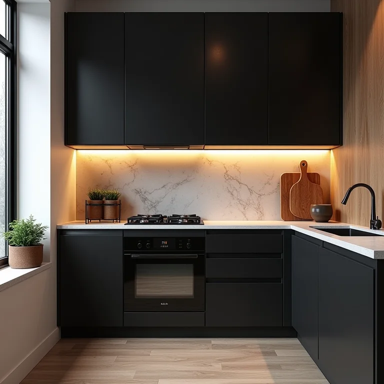 Revestimentos que valorizam cozinha com armários pretos.