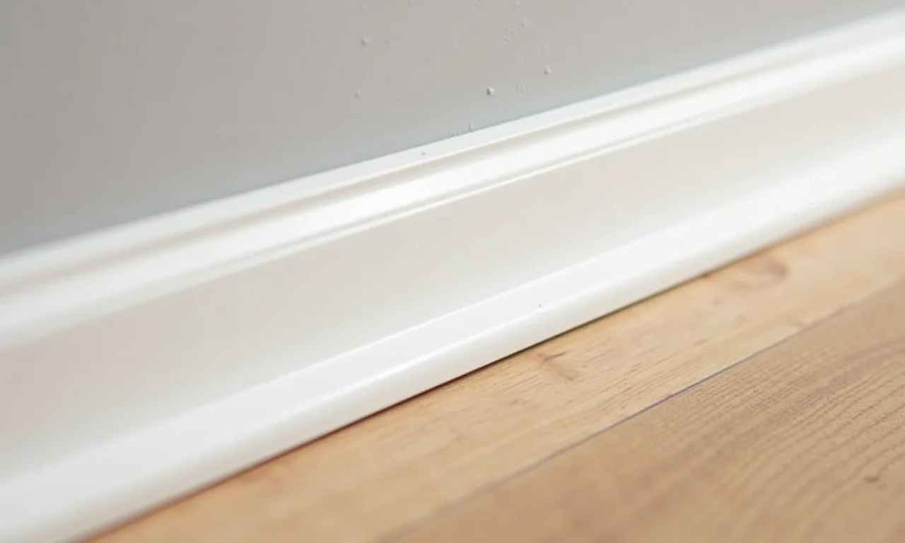 Rodapés instalados em piso laminado, vedando frestas e isolando o som.