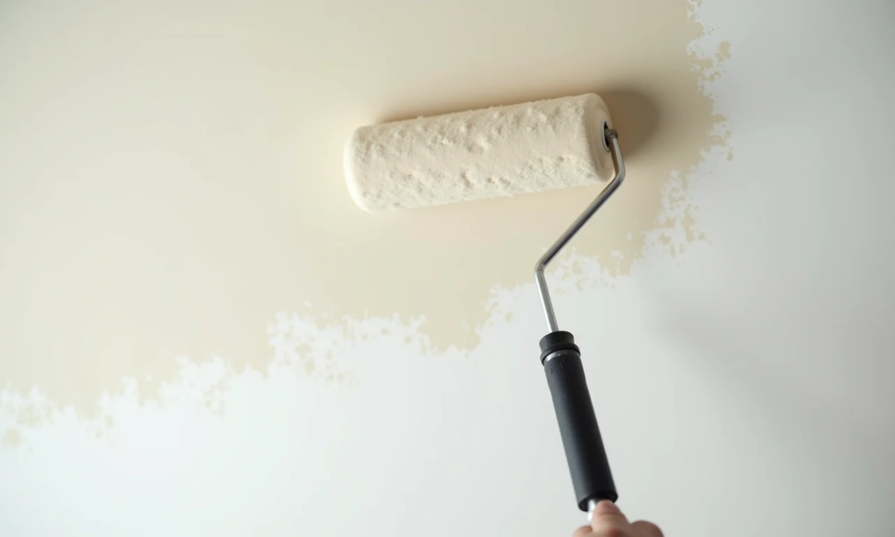 Rolo de pintura aplicando tinta no teto com poucos respingos.