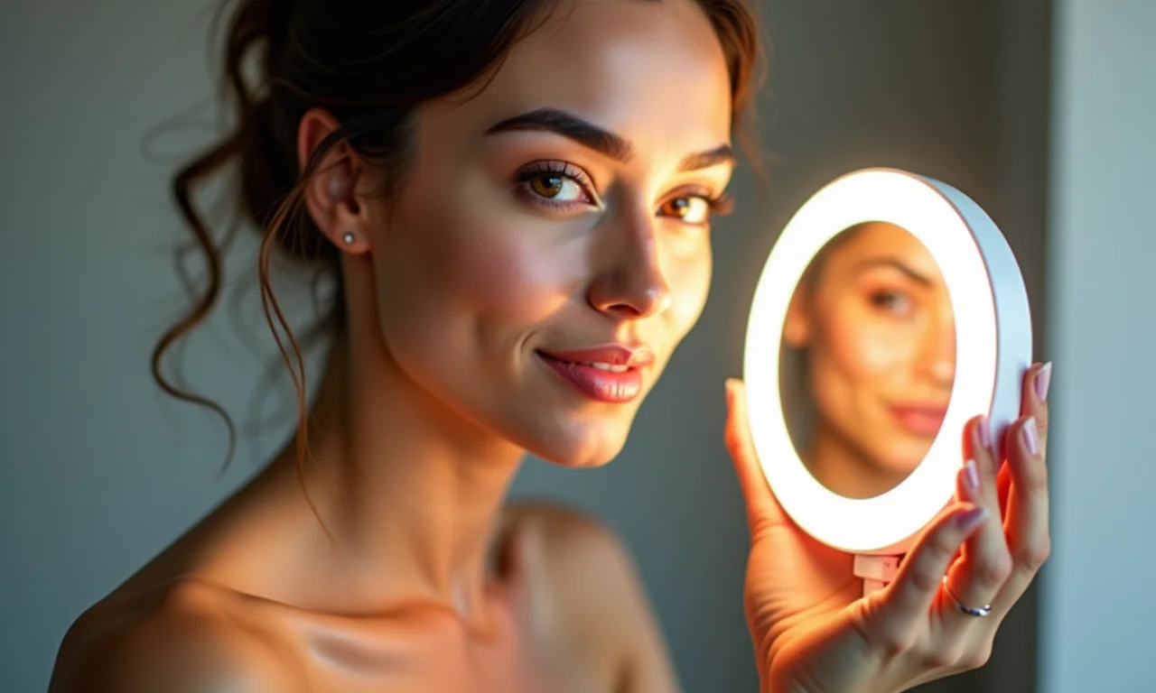 Rosto feminino iluminado por espelho de LED, eliminando sombras indesejadas.