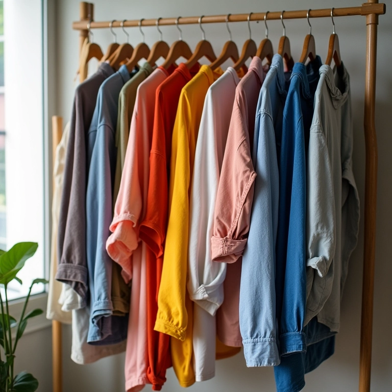 Roupas organizadas por cor em arara exposta.