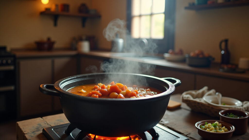 Rustic kitchen scene, iron cauldron pot on stove, simmering stew, warm light, cozy Brazilian home, Panela tipo caldeirão de bruxa rústica cozinhando em fogão a lenha.