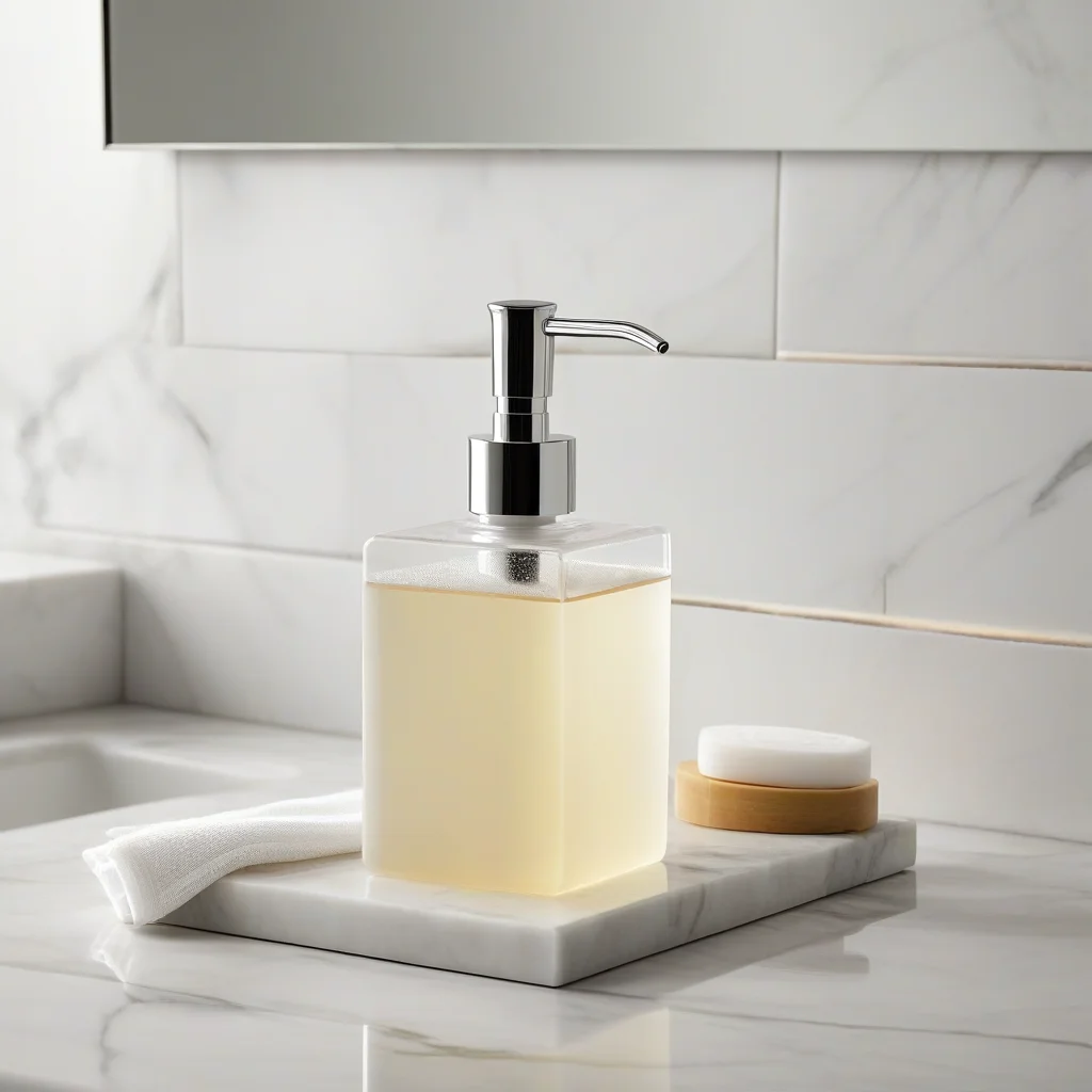 Sabonetes líquidos e em barra em um lavabo sofisticado.