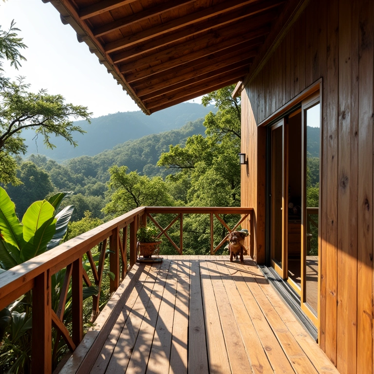 Sacada com deck de madeira de demolição, rústico e sustentável.