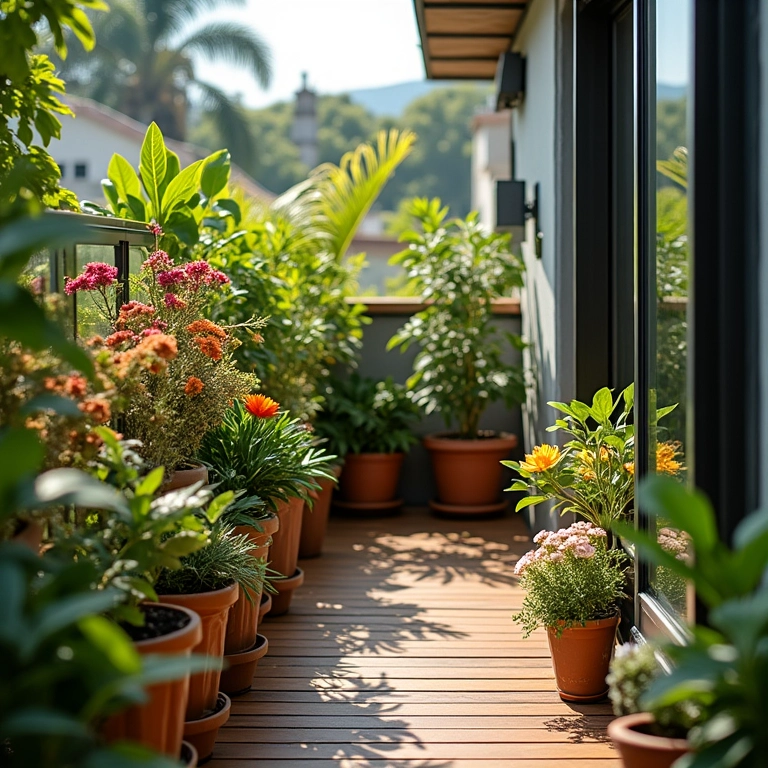Sacada com deck de madeira e integração com plantas e flores.