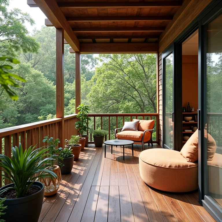 Sacada com deck de madeira e mobiliário funcional.