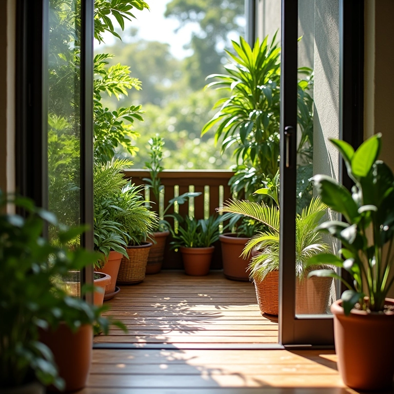 Sacada pequena com deck de madeira e decoração vibrante em estilo brasileiro.