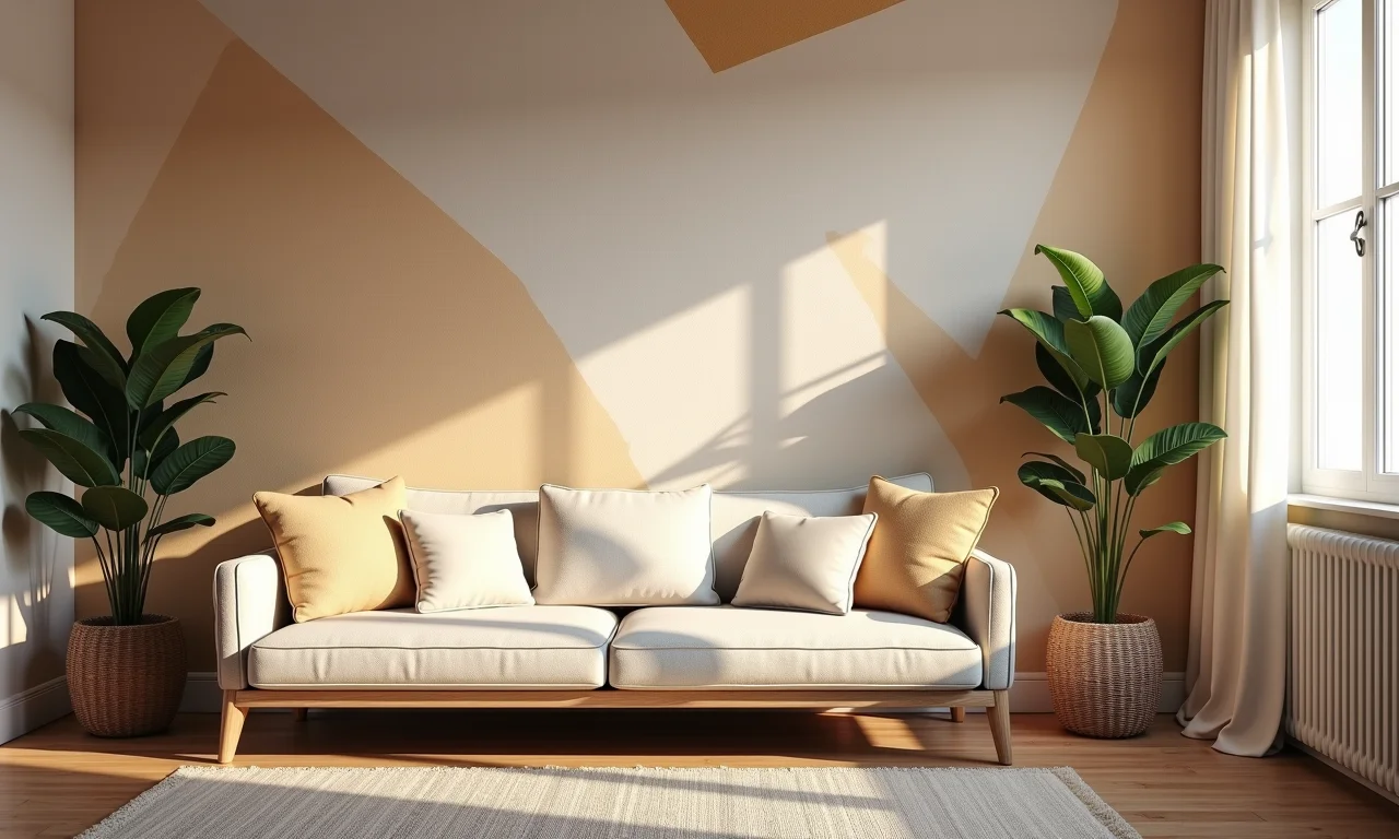 Sala aconchegante com papel de parede geométrico, pensando nas cores e texturas.