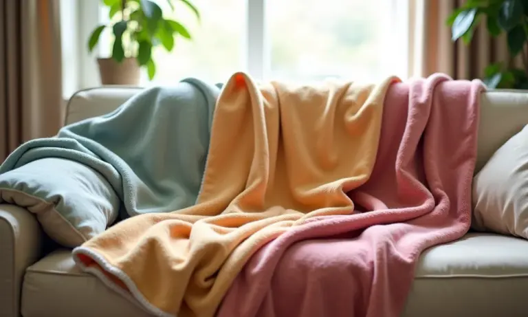 Sala aconchegante com sofá bege e manta colorida.