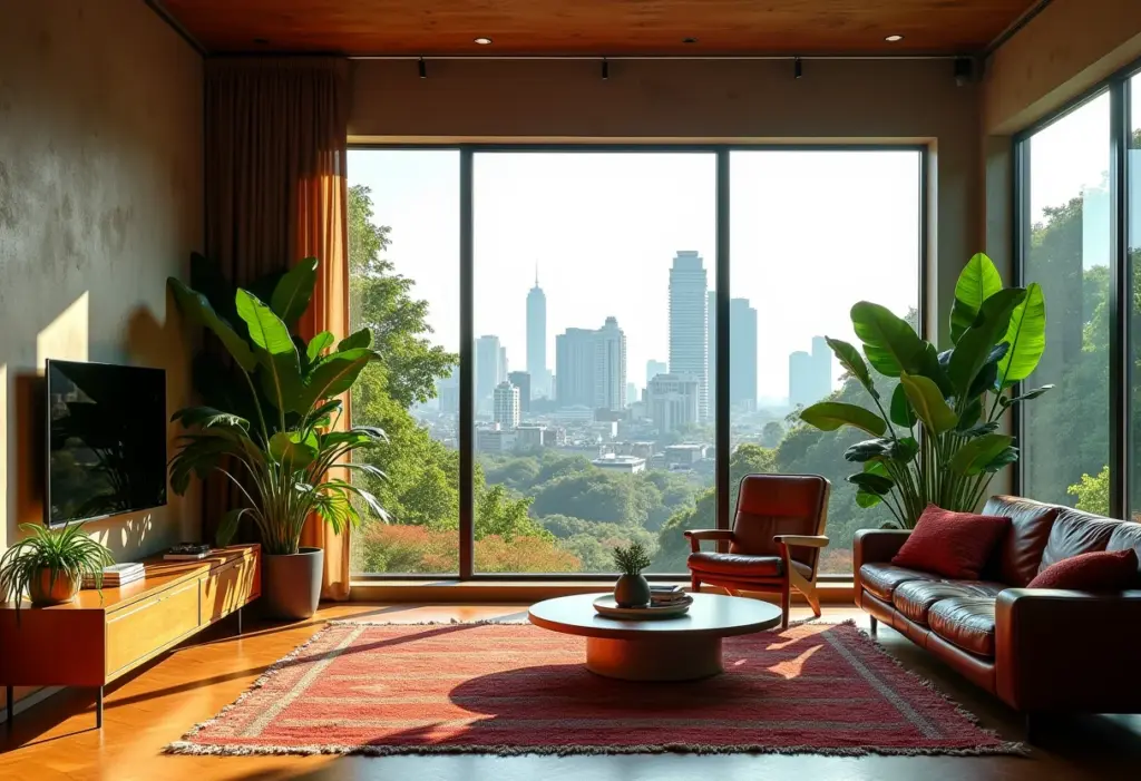 Sala brutalista: Como aquecer o concreto Sala brutalista aconchegante com toques brasileiros e iluminação suave.