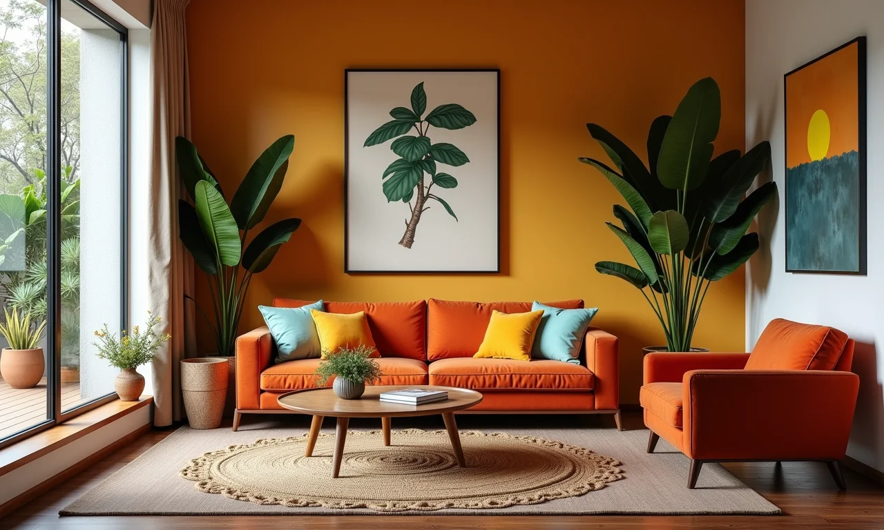 Sala com boiserie e móveis de estilo moderno, cores vibrantes.