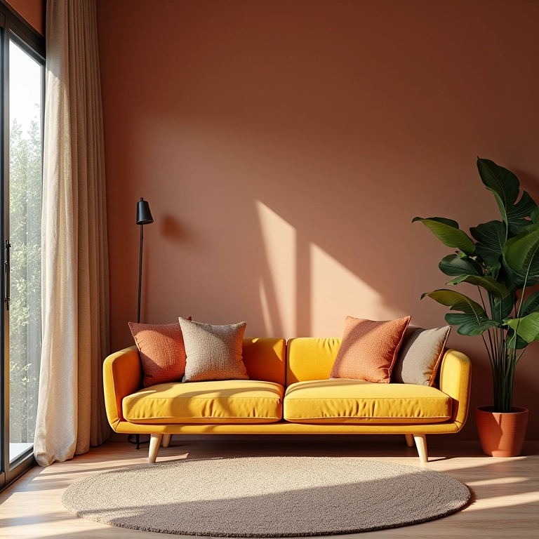 Sala com cores análogas, texturas e estampas.