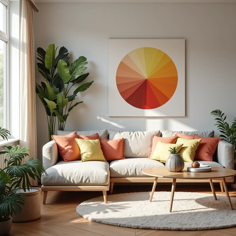 Sala com paleta de cores análogas e roda de cores.