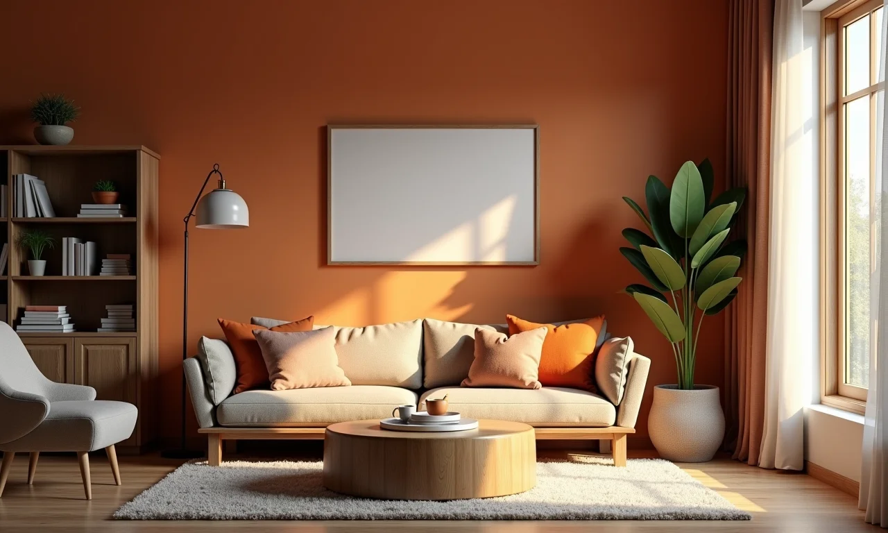 Sala com paleta de cores quentes, tons terrosos e decoração vintage.