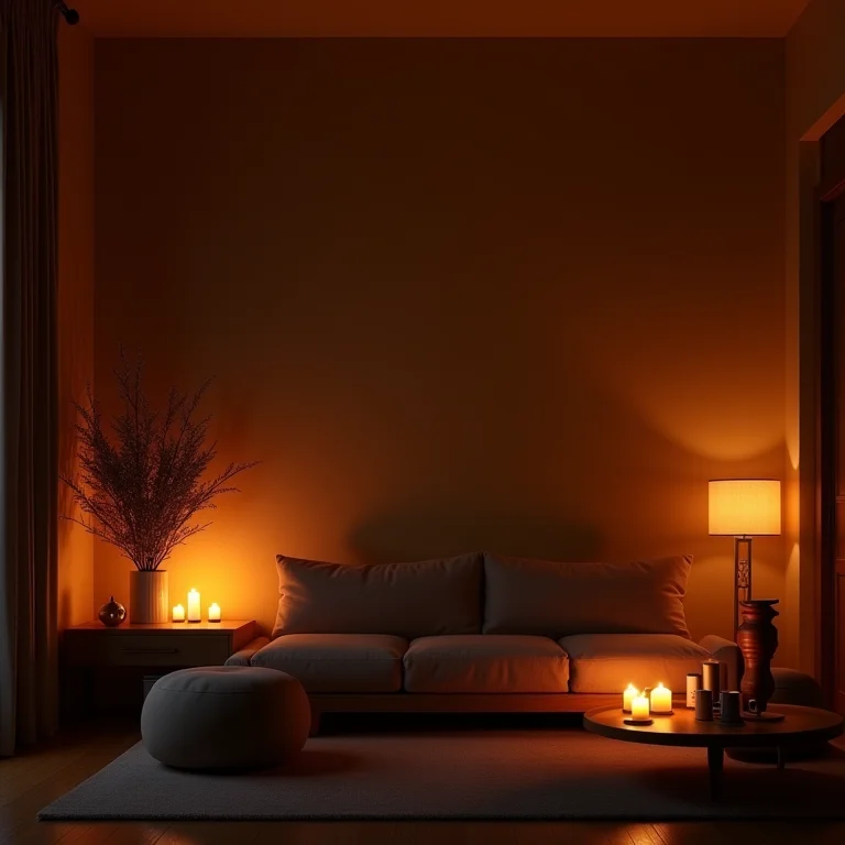 Sala de estar acolhedora com iluminação artificial suave na decoração escandinava