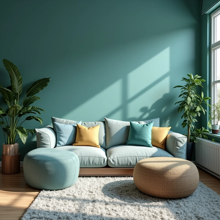 Sala de estar aconchegante com cores análogas em tons de azul, verde e azul-esverdeado.