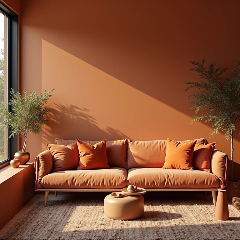 Sala de estar aconchegante com cores análogas outonais.
