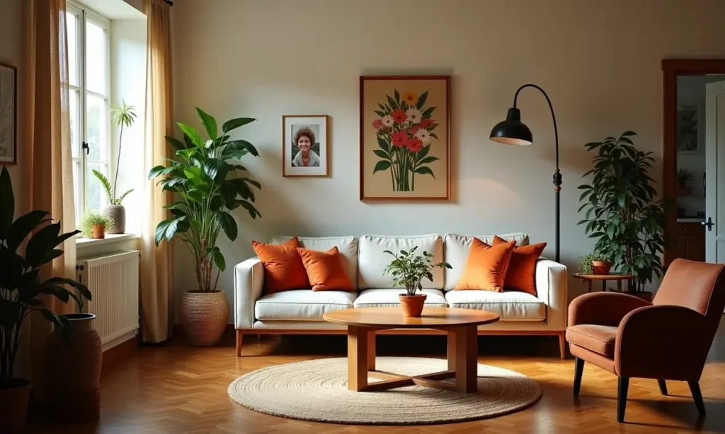 Sala de estar aconchegante com decoração afetiva, móveis vintage e toques brasileiros.