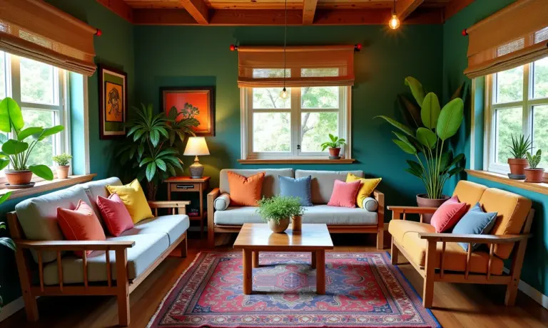 Sala de estar aconchegante com decoração eclética e móveis reciclados.