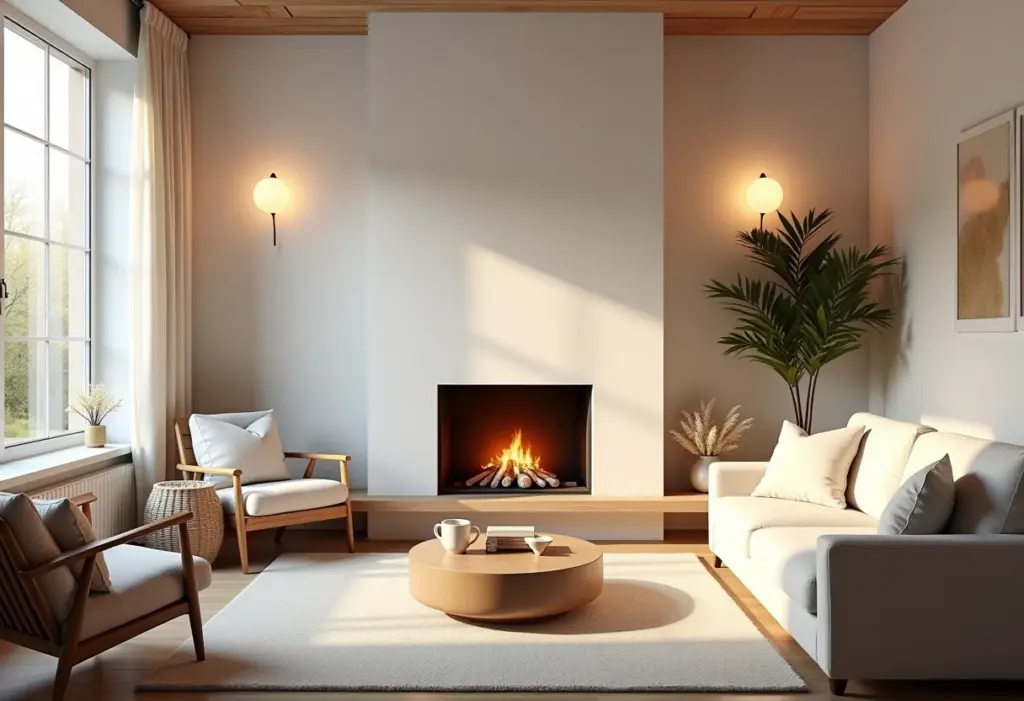 Decoração escandinava: o segredo para um lar mais aconchegante Sala de estar aconchegante com decoração escandinava e lareira.