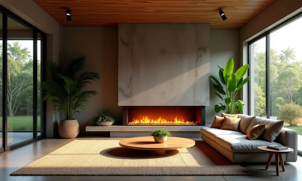 Lareira ecológica: O calor sem fumaça Sala de estar aconchegante com lareira ecológica moderna, iluminação natural e design brasileiro.