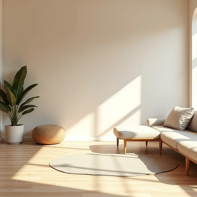 Sala de estar aconchegante com piso em tons neutros e terrosos.