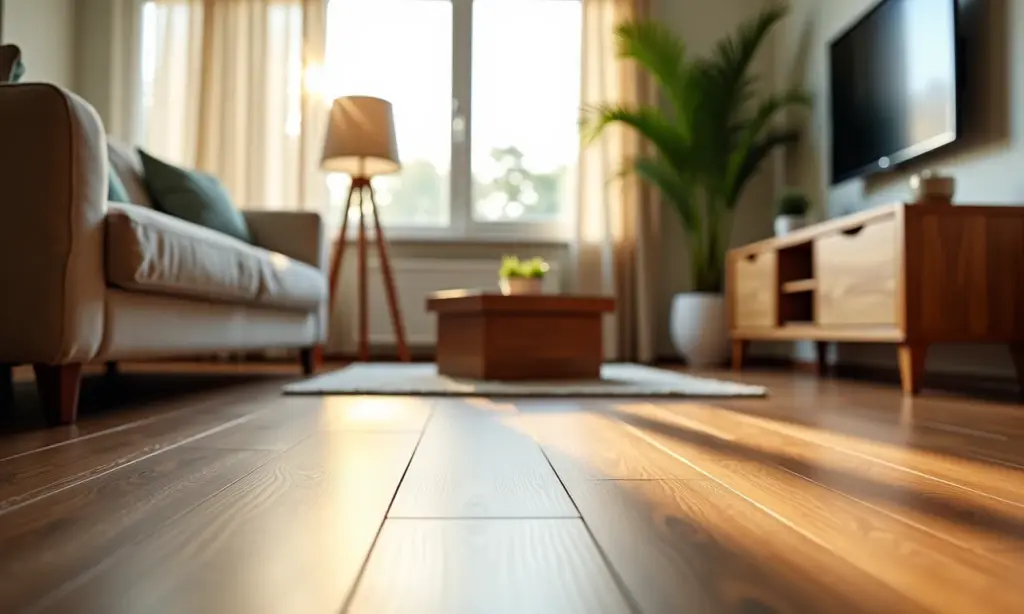 Sala de estar aconchegante com piso laminado e isolamento acústico, transmitindo tranquilidade.