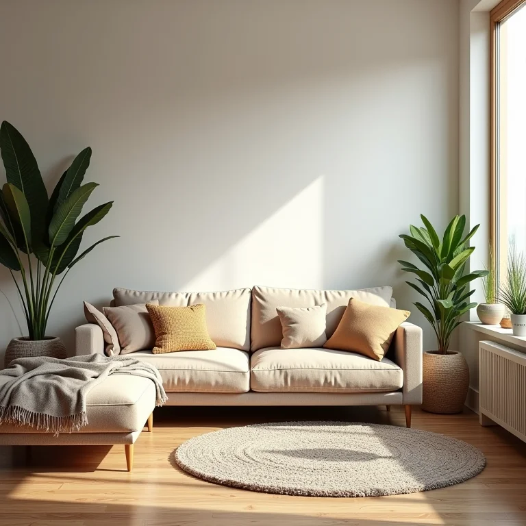 Sala de estar aconchegante com texturas e plantas