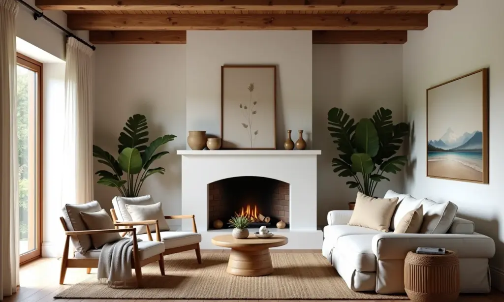 Sala de estar aconchegante em estilo farmhouse com toques brasileiros.