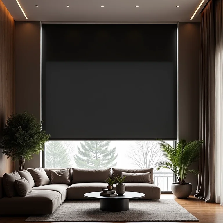 Sala de estar ampla com cortina rolô de cor escura, transmitindo elegância e sofisticação.