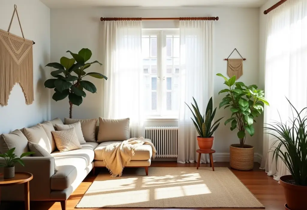 Sala de estar boho chic com elementos naturais e iluminação suave.