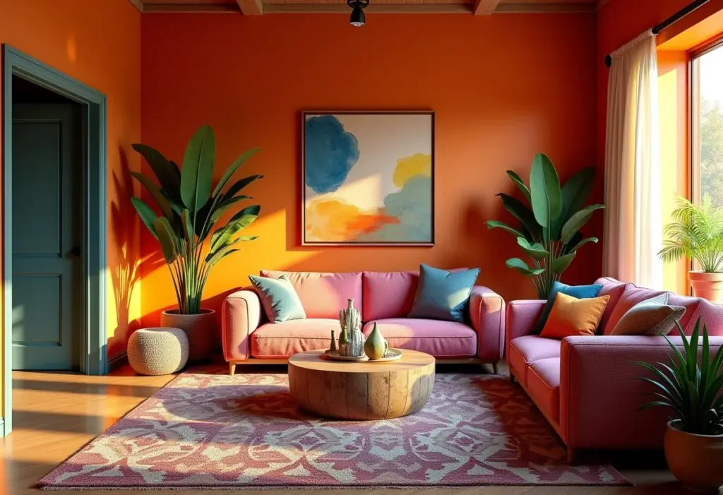 Sala de estar boho colorida com iluminação natural