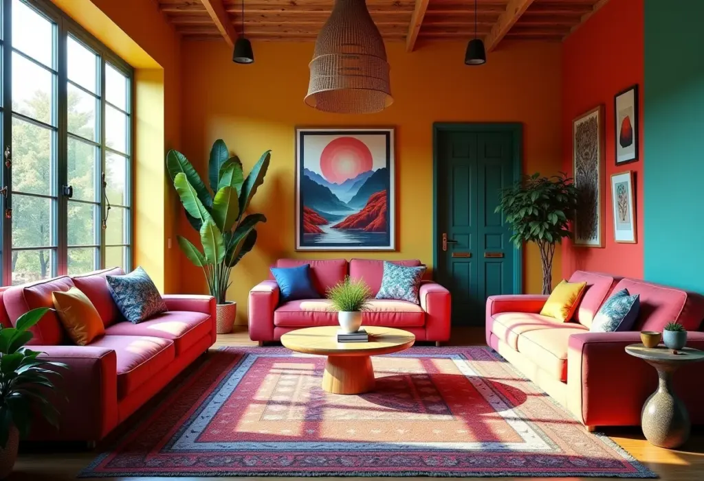 Sala de estar boho colorida com luz natural e decoração vibrante