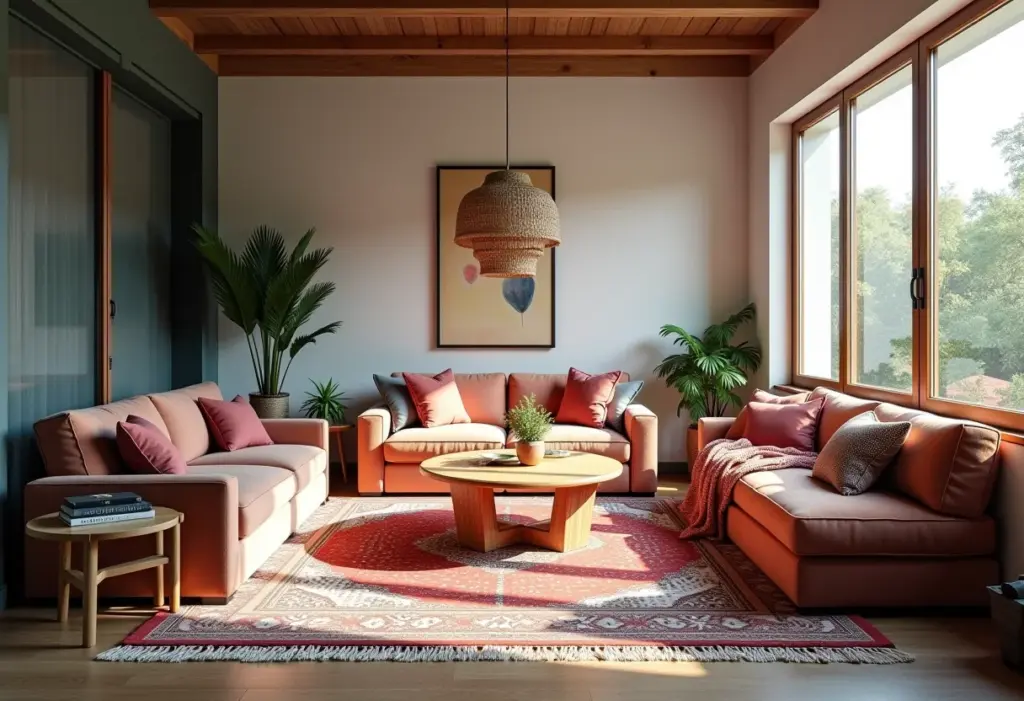 Sala de estar boho colorida com sofá vibrante e luz natural abundante