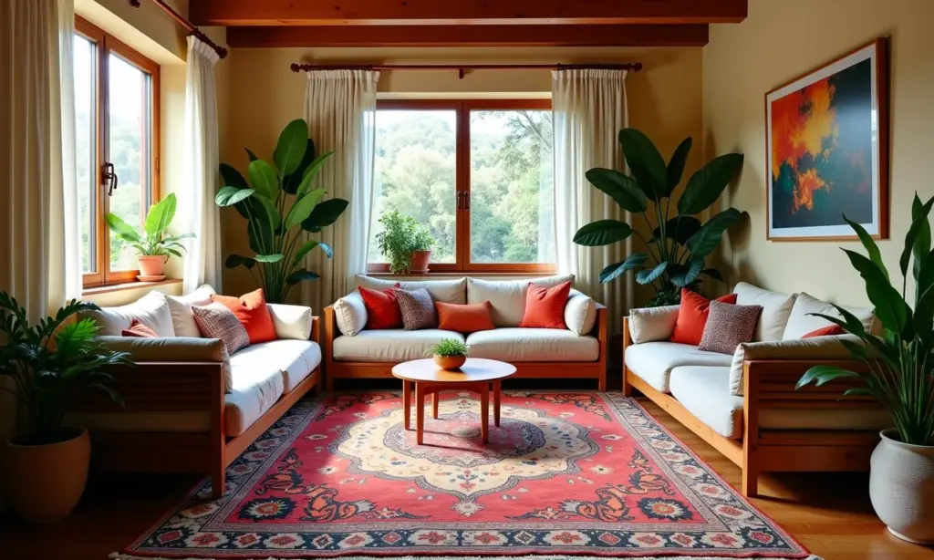 Sala de estar boho com tapete colorido, iluminação natural e decoração brasileira.