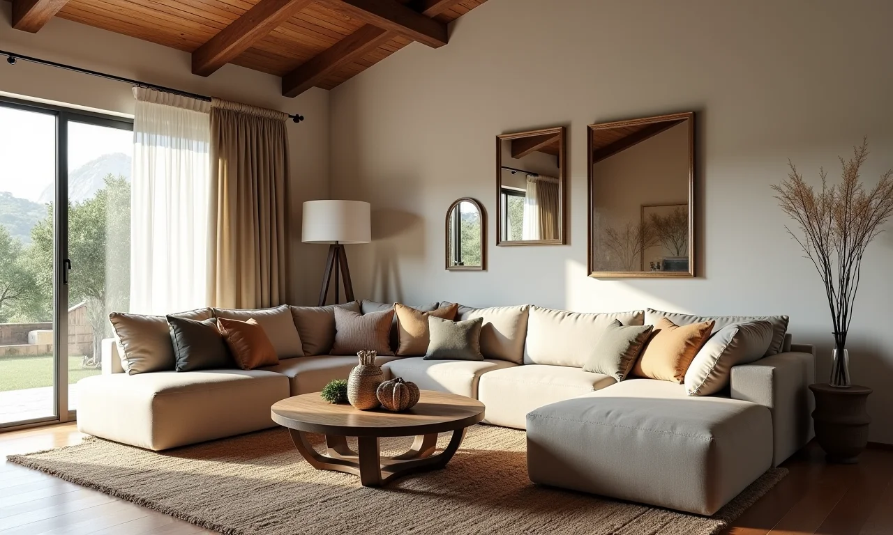 Sala de estar brasileira com quadros e espelhos pendurados na altura errada.