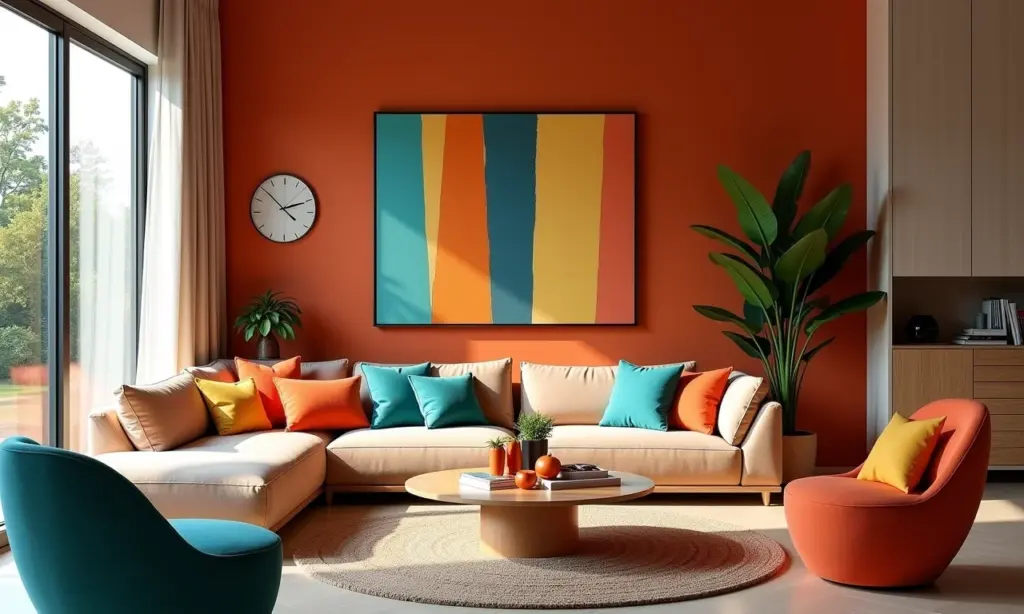 Sala de estar com boiserie de EVA e decoração brasileira vibrante.