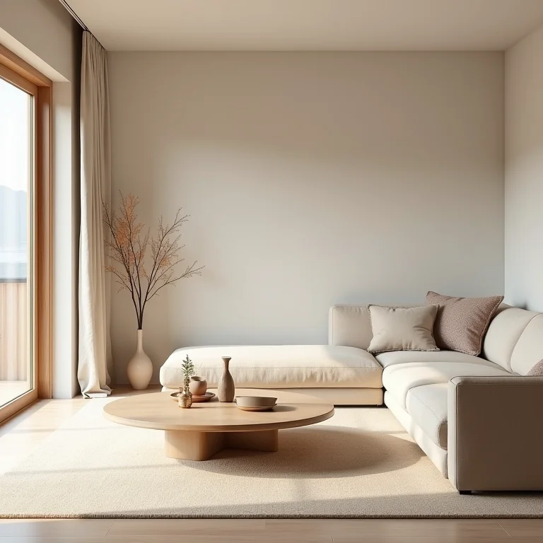 Sala de estar com características essenciais do estilo Japandi.