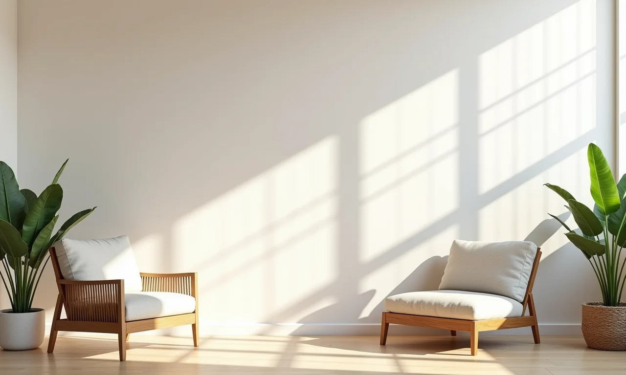 Sala de estar com cores claras, tons neutros e design minimalista.