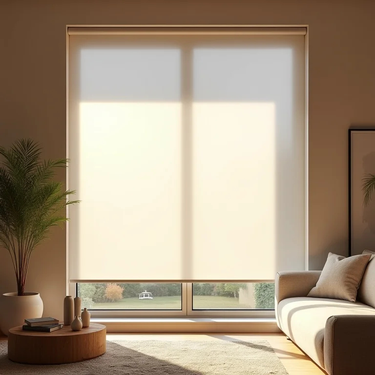 Sala de estar com cortina rolô translúcida, oferecendo luz suave e privacidade.