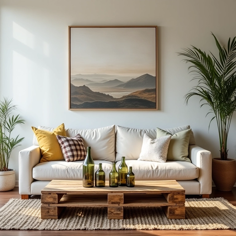 Sala de estar com decoração upcycling: mesa de palete, almofadas de tecido reaproveitado, vasos de garrafa.