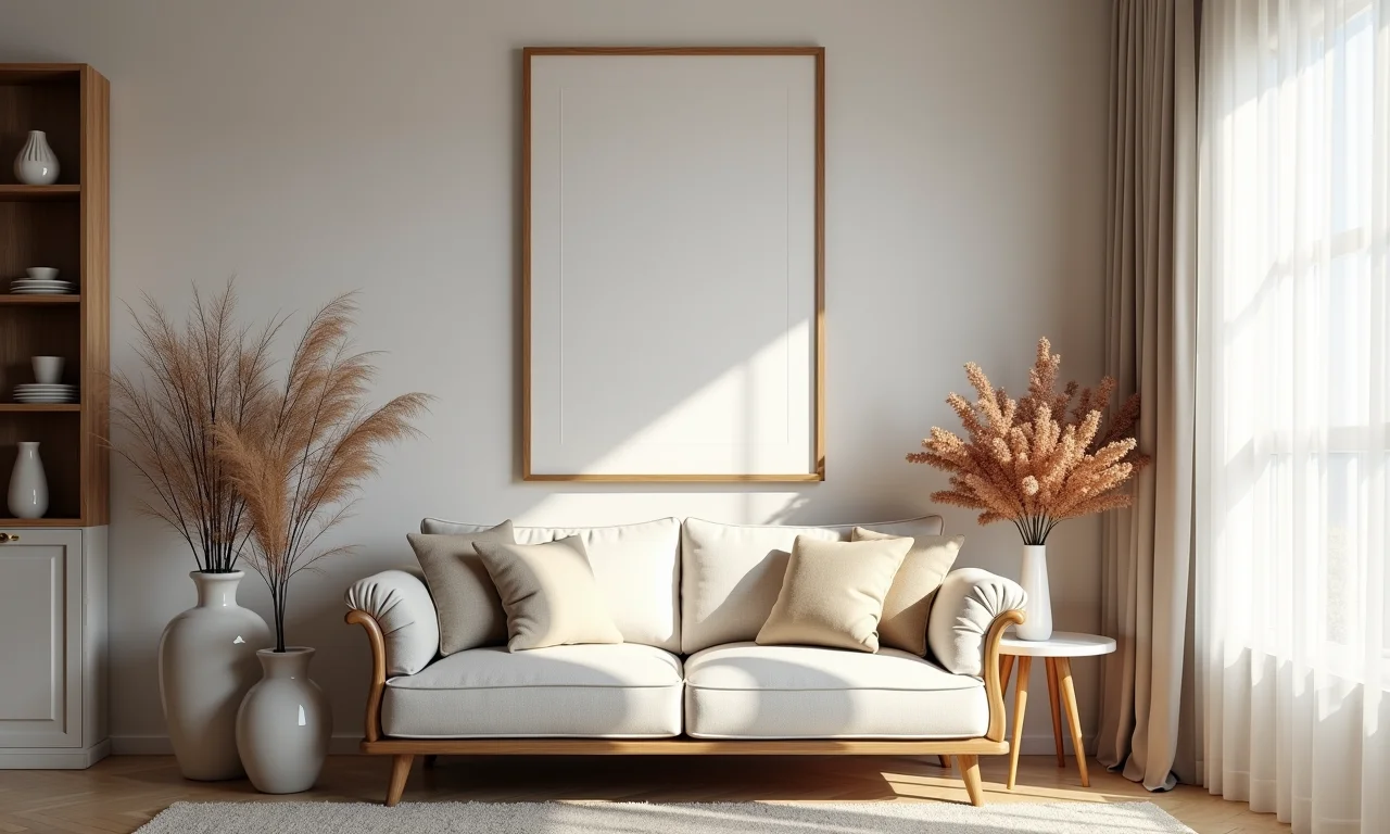 Sala de estar com detalhes decorativos que fazem a diferença, como quadros e vasos.