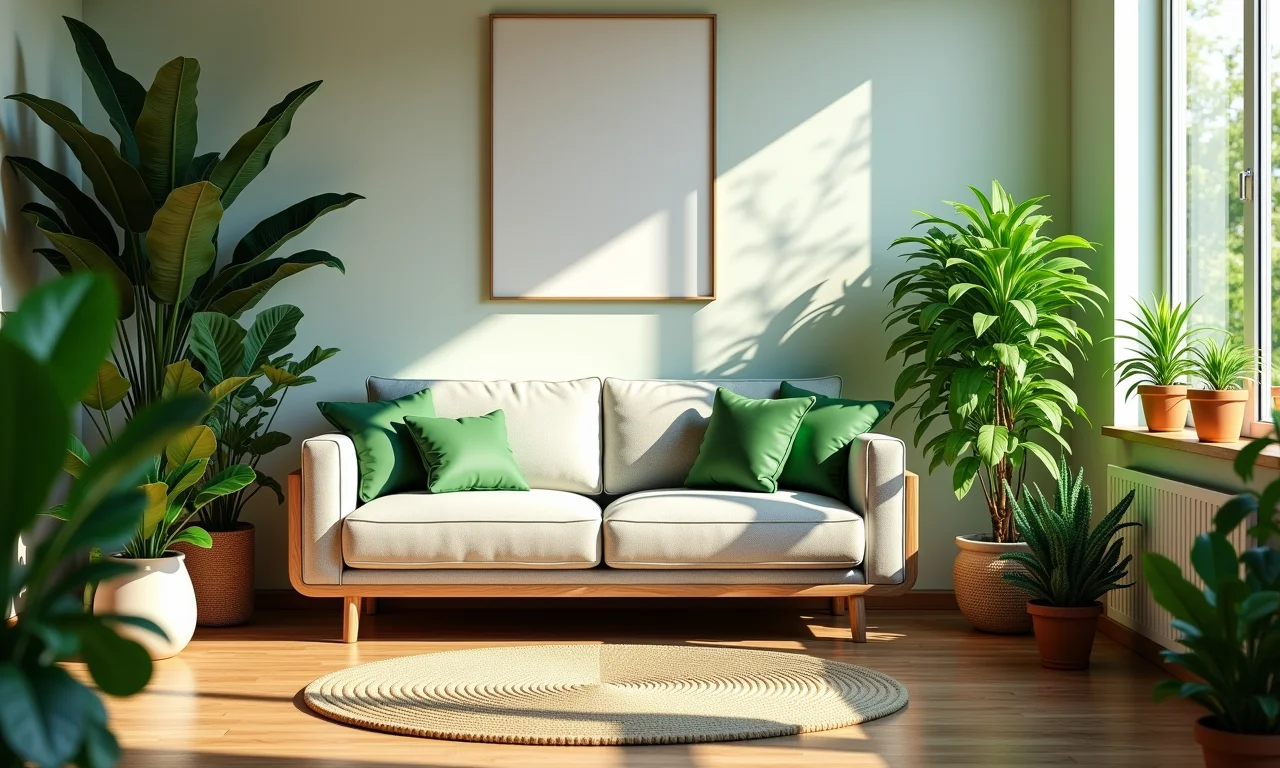 Sala de estar com diversas plantas e luz natural.