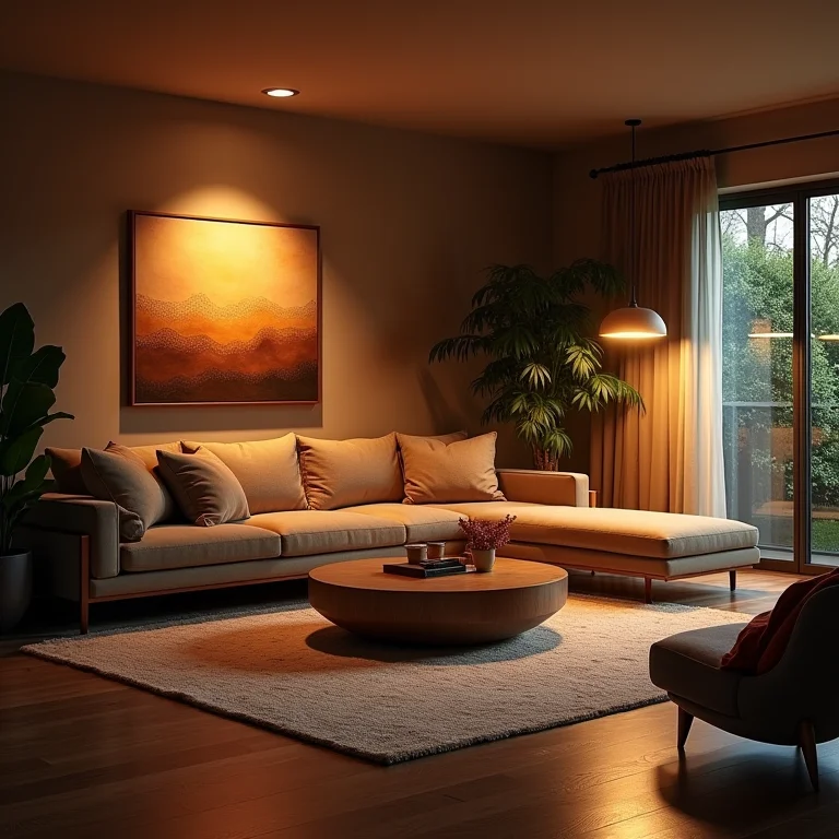 Sala de estar com iluminação perfeita e atmosfera acolhedora