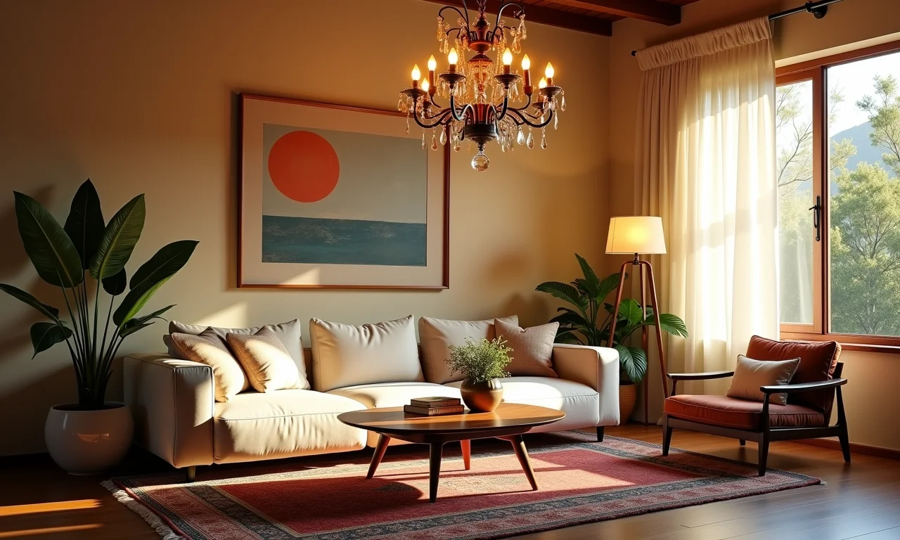 Sala de estar com iluminação unificada por lustre antigo e luminária moderna.