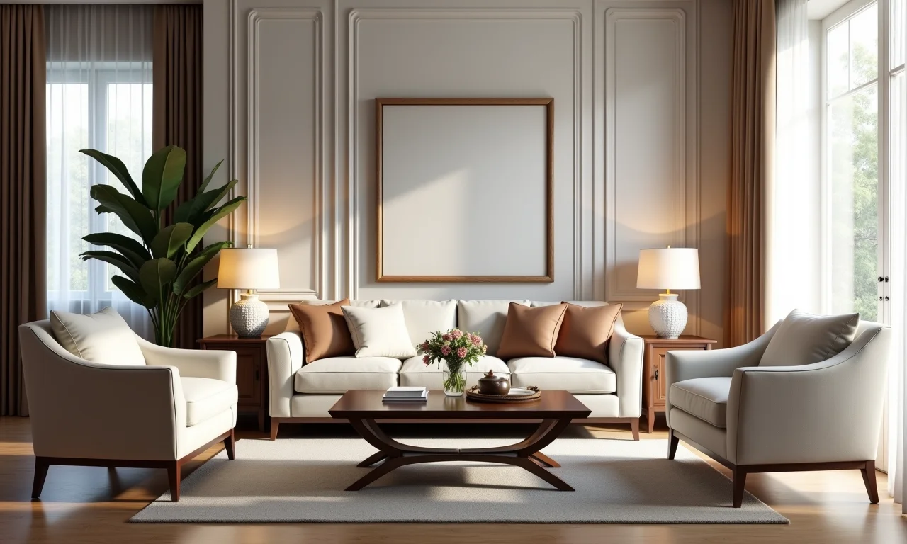 Sala de estar com mobiliário elegante e simétrico, criando um ambiente equilibrado.